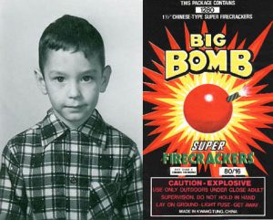 Photo of Lang at eight years of age, along with an advertisement for "cherry bombs".